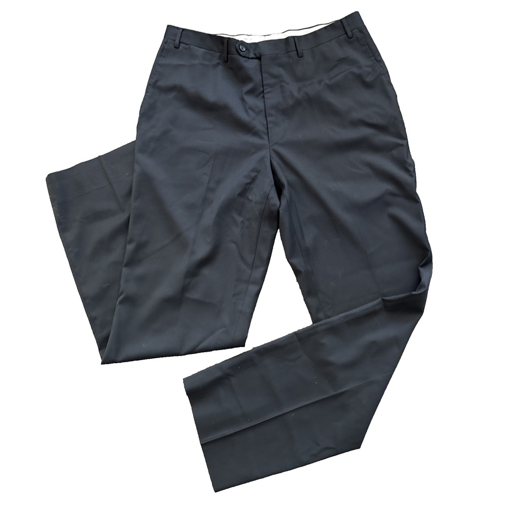 Canali Dress Pants Men 34x34 Black 100% Wool Made in Italy Flat Front Trousers
